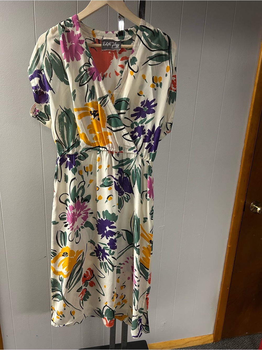 Vintage Edith Flagg Cream Floral Wrap Midi Dress Floral